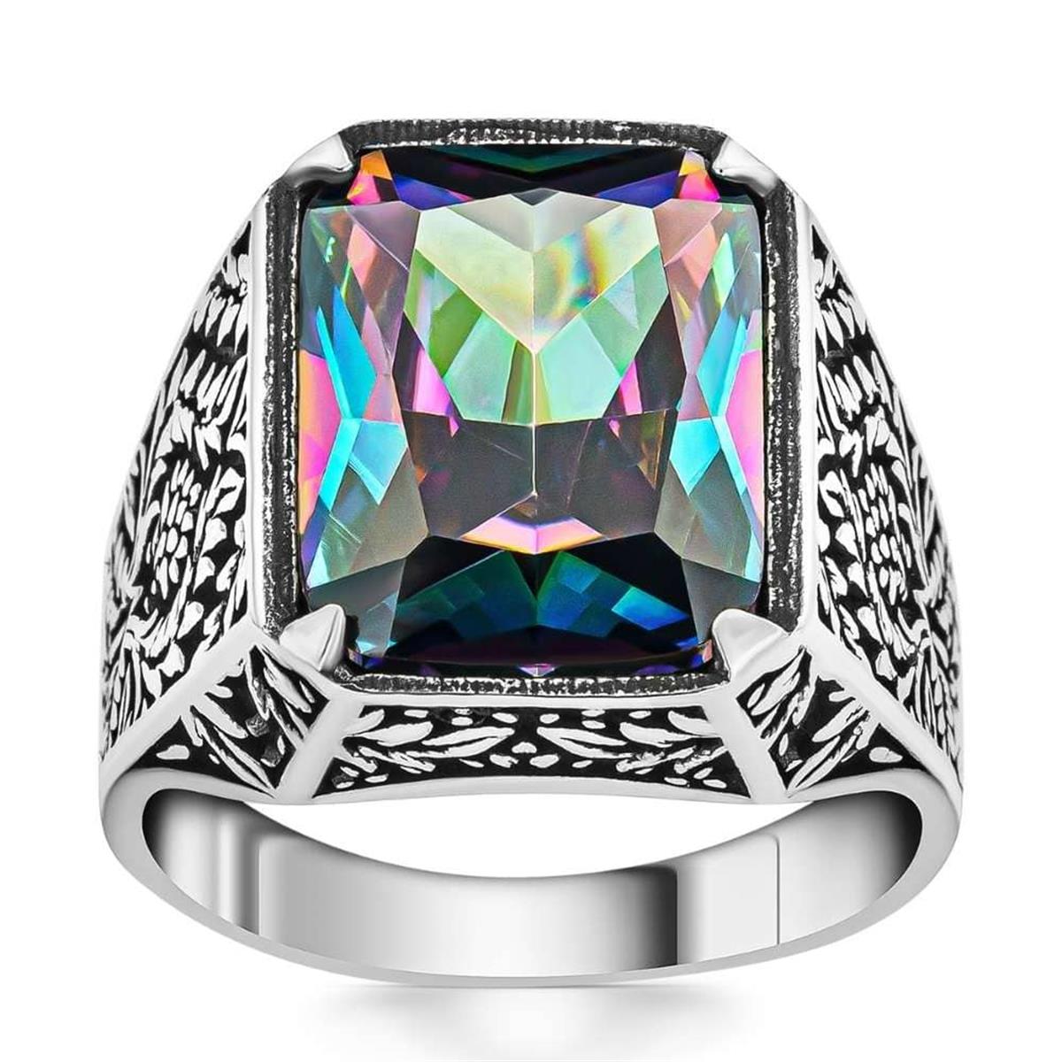 Çiçek Desen Mistik Topaz Taşlı Gümüş Erkek Yüzük