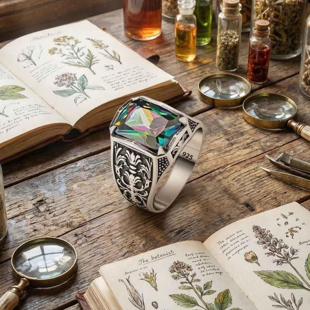 Çiçek Desenli Mistik Topaz Taşlı Gümüş Erkek YüzükMystic Topaz Stone Ring