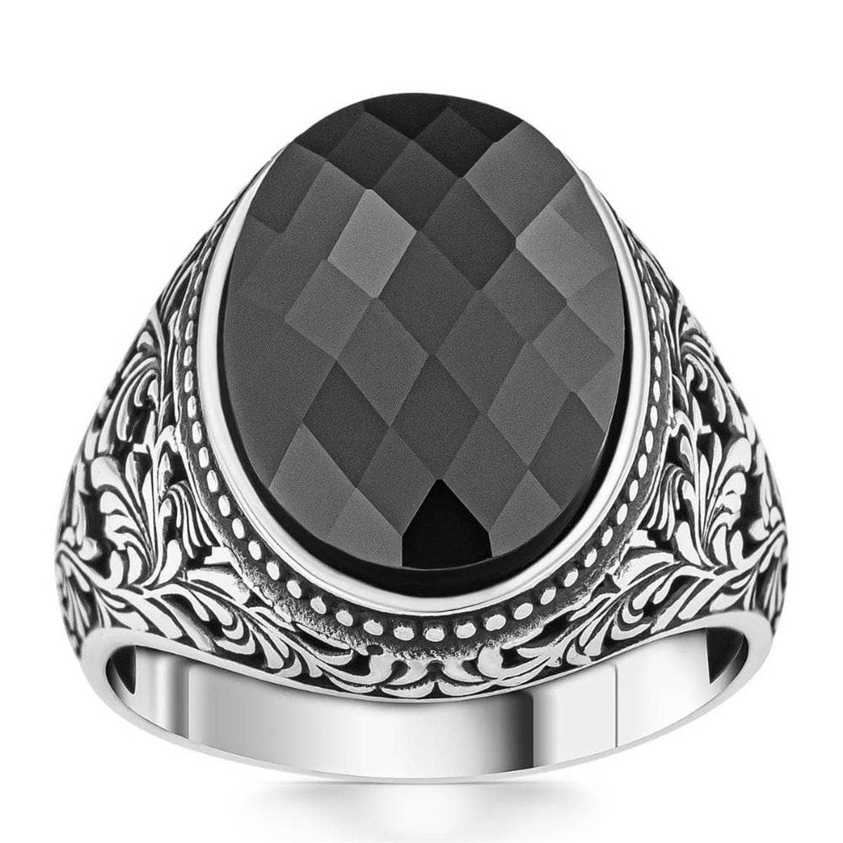 Çiçek Desenli Siyah Zirkon Taşlı Gümüş Yüzük