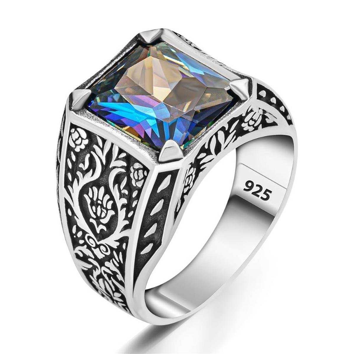 Çiçek Detaylı Mistik Topaz Taşlı Gümüş Yüzük