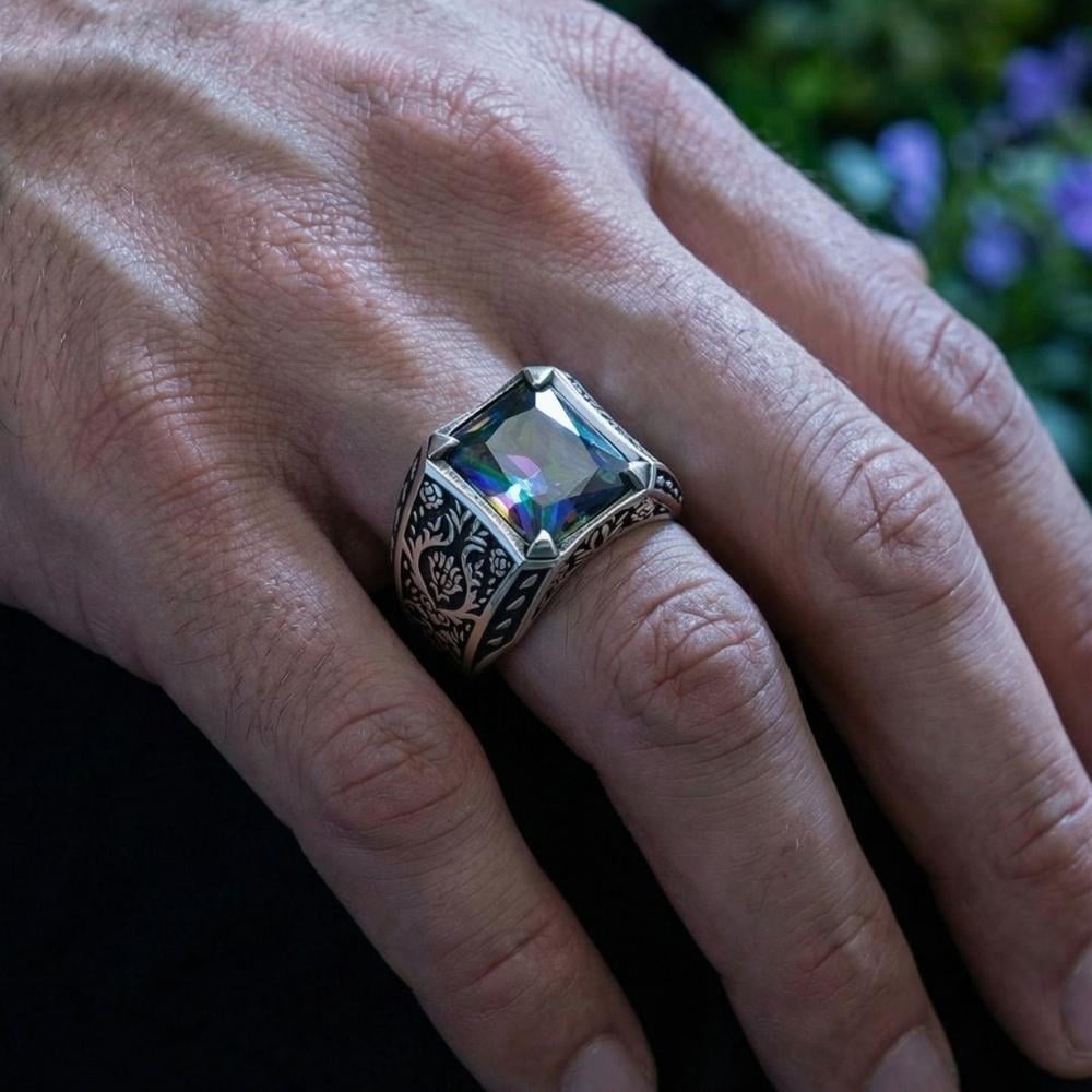 Çiçek Detaylı Mistik Topaz Taşlı Gümüş YüzükMystic Topaz Stone Ring