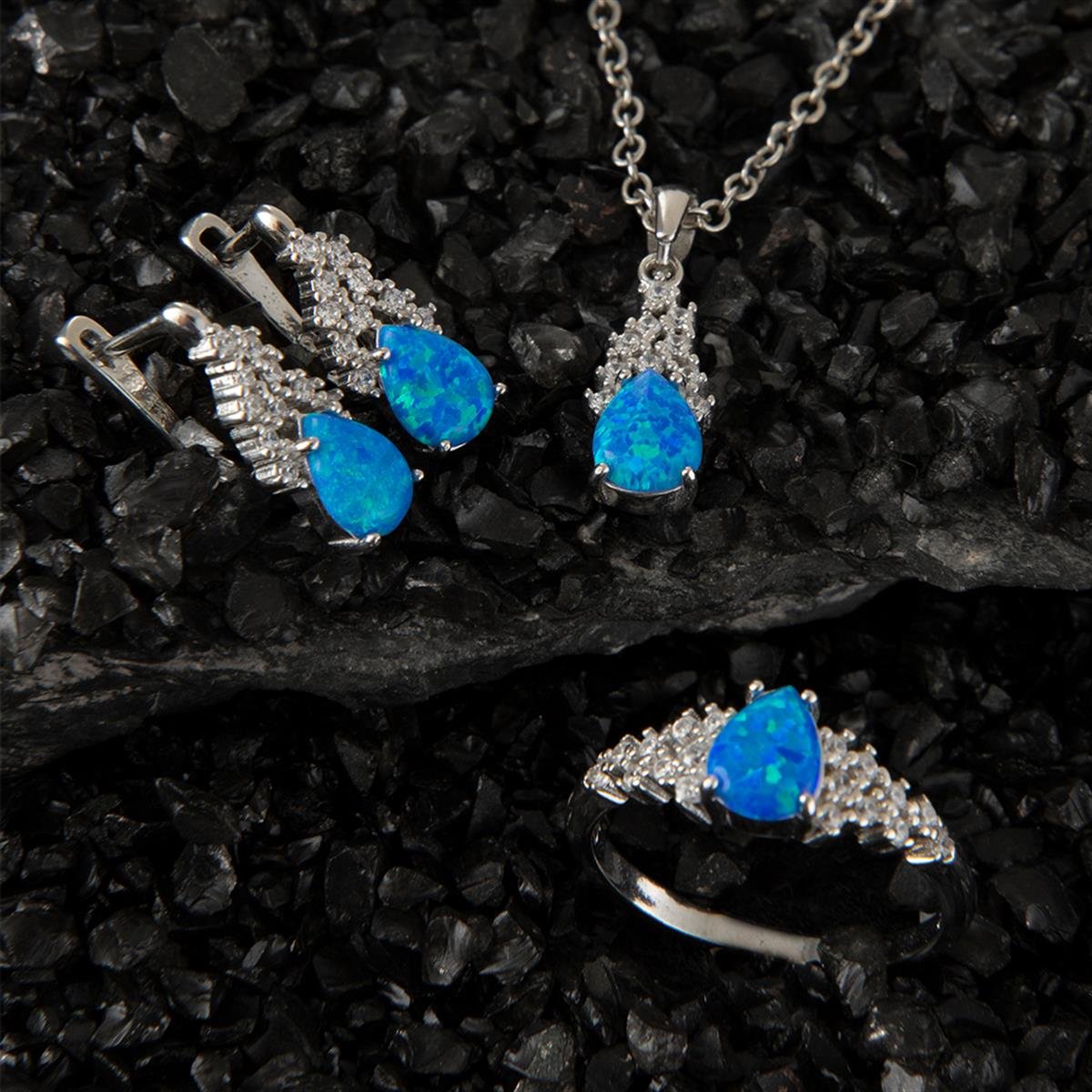 Çiçek Motifli Damla Mavi Opal Taşlı Set