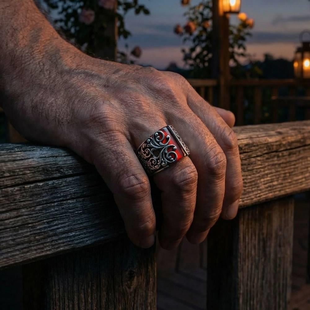 Çiçek Motifli Kırmızı Zirkon Taşlı Gümüş YüzükZirkon Taşlı Yüzükler