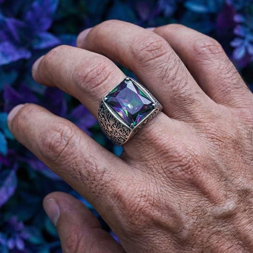 Çiçek Motifli Mistik Topaz Taşlı Gümüş YüzükMystic Topaz Stone Ring