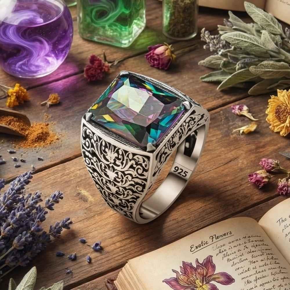 Çiçek Motifli Mistik Topaz Taşlı Gümüş YüzükMystic Topaz Stone Ring