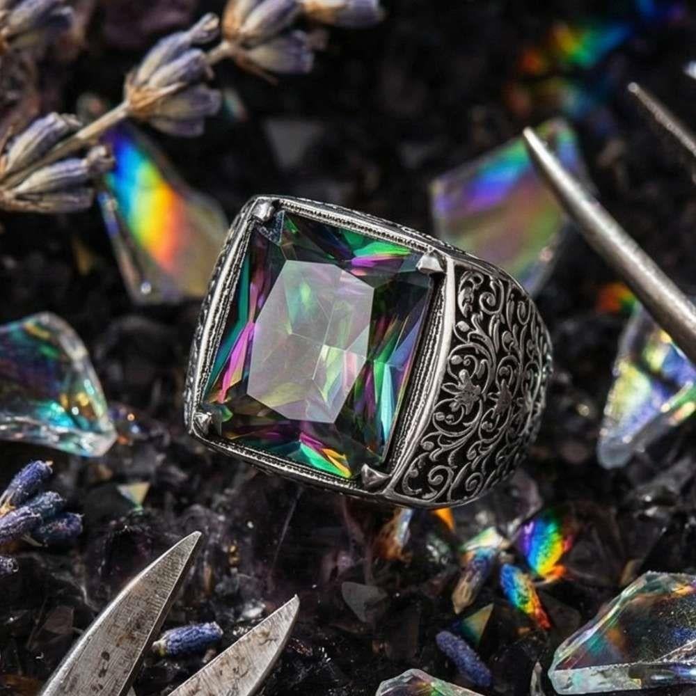 Çiçek Motifli Mistik Topaz Taşlı Gümüş YüzükMystic Topaz Stone Ring
