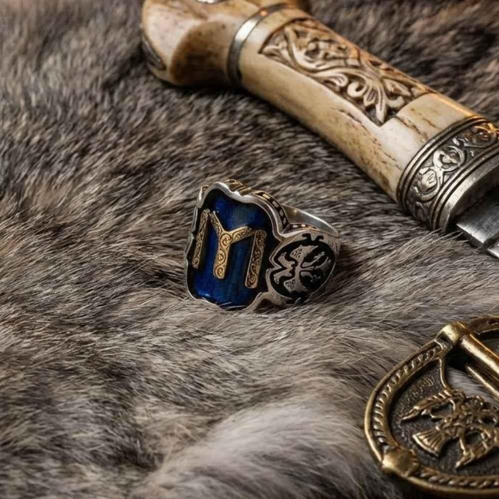 Çift Başlı Kartal Kayı Boyu Armalı Mavi Mineli Gümüş YüzükKayı Boyu Yüzük