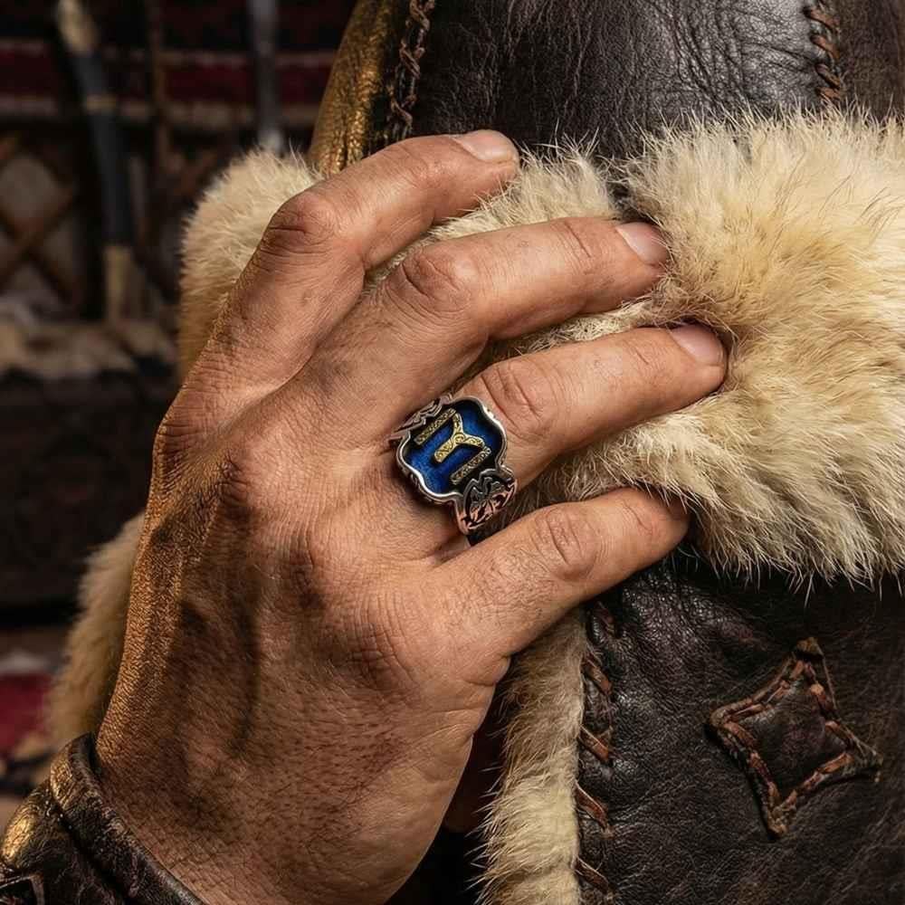 Çift Başlı Kartal Kayı Boyu Armalı Mavi Mineli Gümüş YüzükKayı Boyu Yüzük