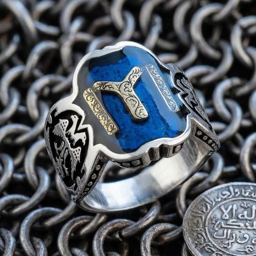 Çift Başlı Kartal Kayı Boyu Armalı Mavi Mineli Gümüş YüzükKayı Boyu Yüzük