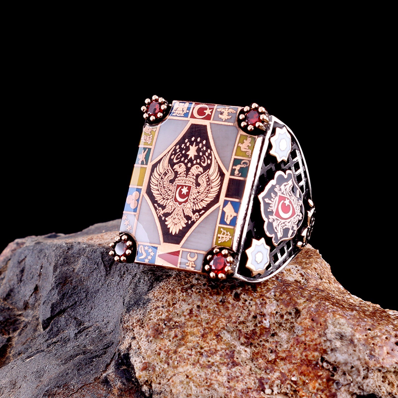 Çift Başlı Kartal Kenarında Türk Devleti İşlemeli Mineli Gümüş YüzükÇift Başlı Kartal Selçuklu Yüzük