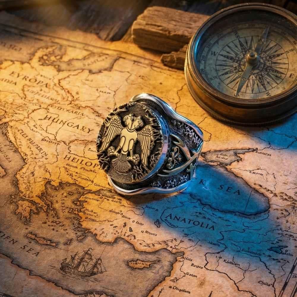 Çift Başlı Kartal Zülfikar Kılıcı Üzeri Erkek Gümüş YüzükÇift Başlı Kartal Selçuklu Yüzük