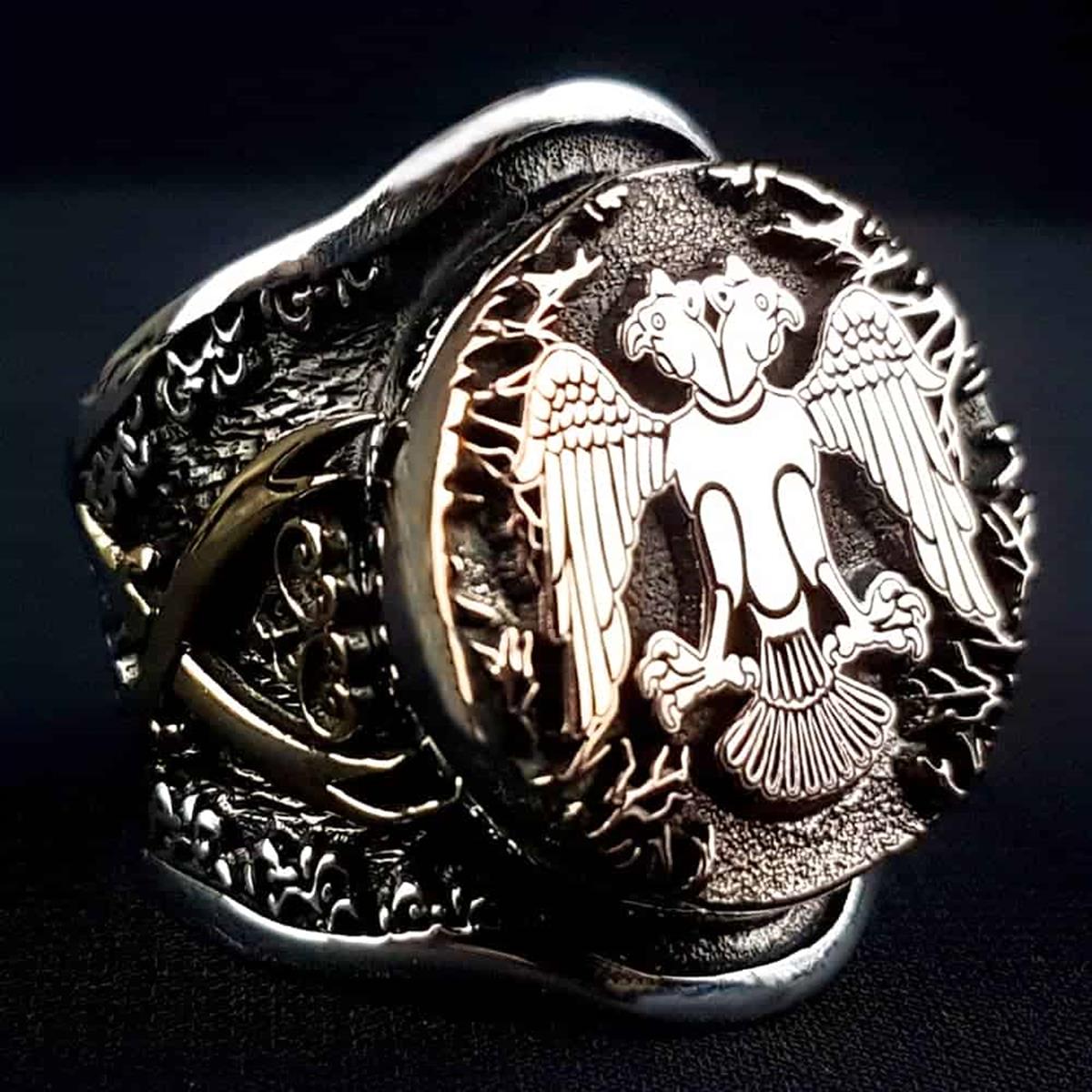 Çift Başlı Kartal Zülfikar Kılıcı Üzeri Gümüş Yüzük