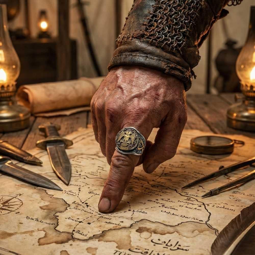 Çift Başlı Kartal Zülfikar Kılıcı Üzeri Erkek Gümüş YüzükÇift Başlı Kartal Selçuklu Yüzük