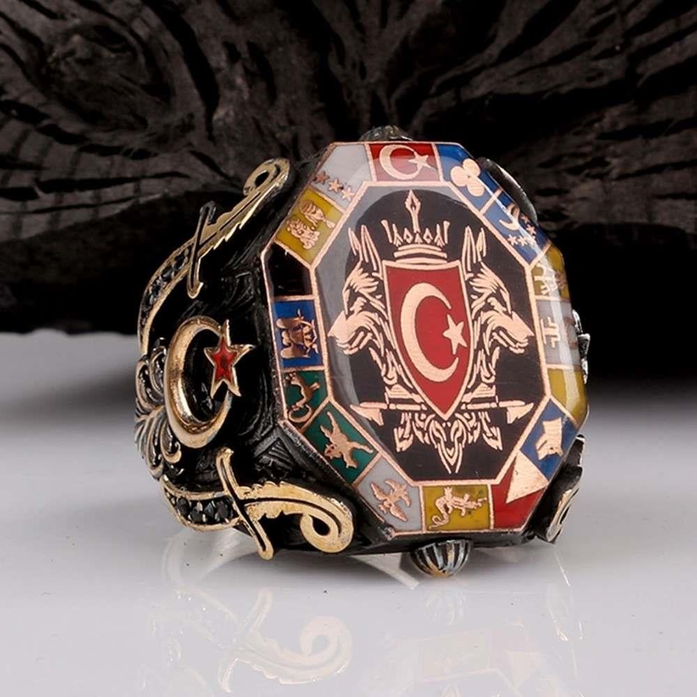 Çift Bozkurt 16 Türk Devleti Gümüş YüzükGrey Wolf Ring