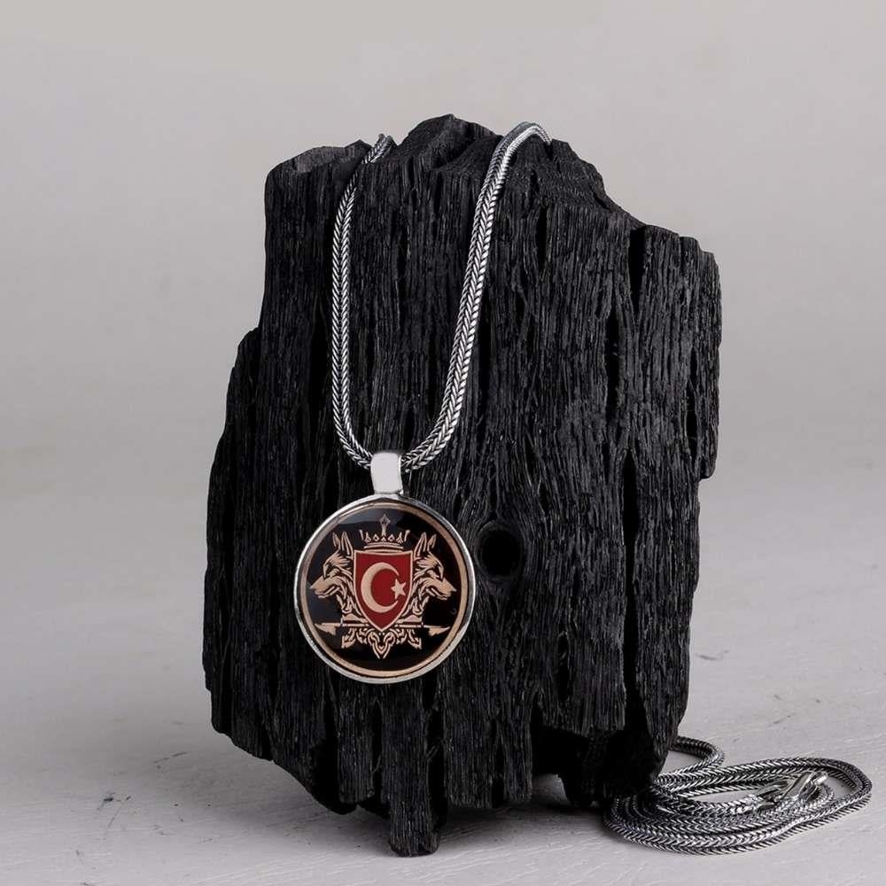 Çift Bozkurt Türk Bayrağı Gümüş KolyeAy Yıldız Kolye