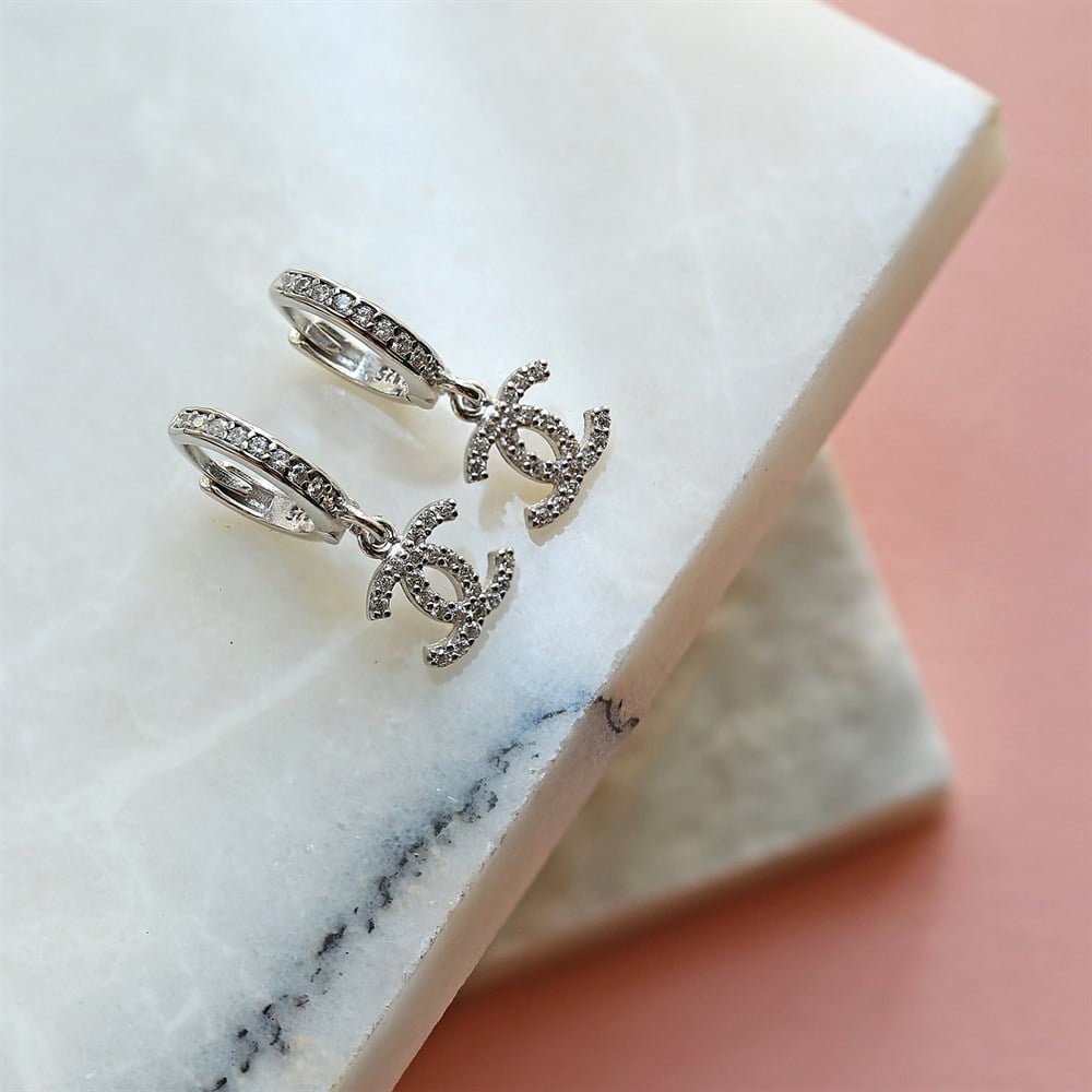 Çift C Taşlı Gümüş Kadın Küpe Silver