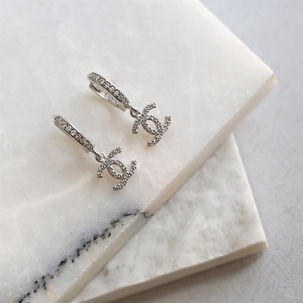 Çift C Taşlı Gümüş Kadın Küpe Silver
