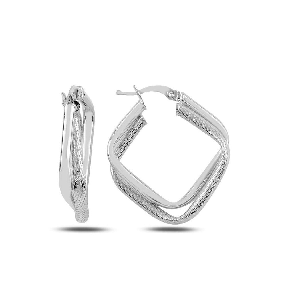Çift Kare Model Halka Kadın Gümüş Küpe Silver