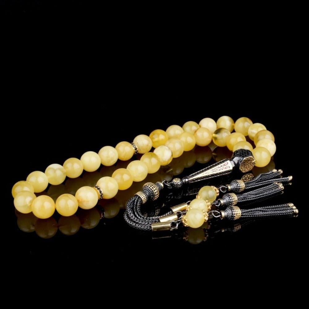 Çift Renk Gümüş Püsküllü 10 mm Küre Kesim Damla Kehribar Tesbih