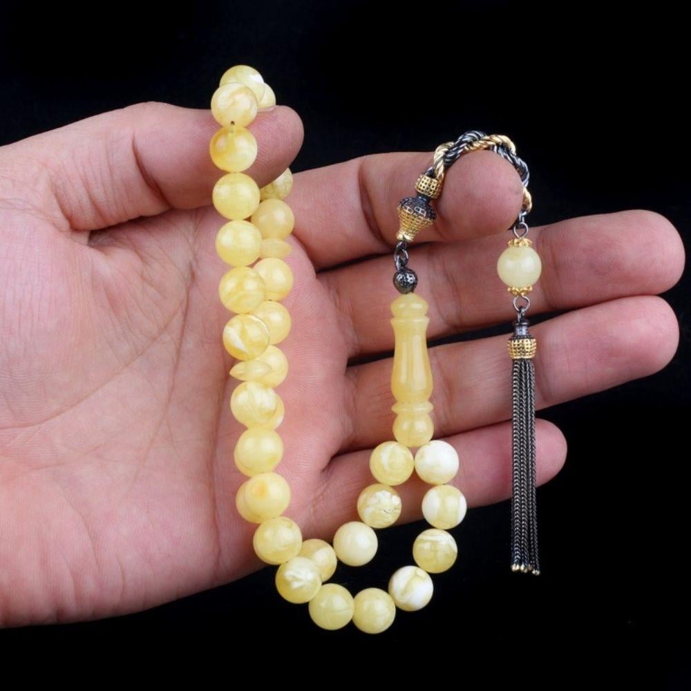 Çift Renk Gümüş Püsküllü 9.5mm Damla Kehribar Tesbih