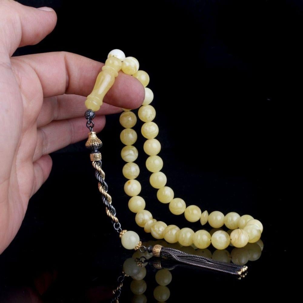 Çift Renk Gümüş Püsküllü 9.5mm Damla Kehribar Tesbih