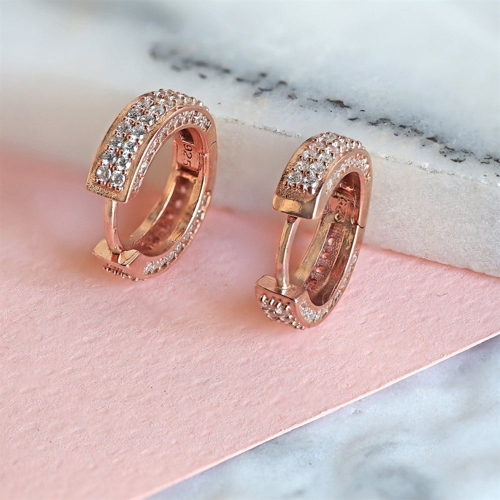 Çift Sıra Taşlı Oval Gümüş Kadın Küpe Rose