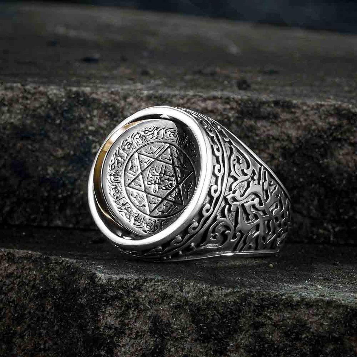 Çift Taraflı Çiçek Desen Mührü Süleyman Gümüş Yüzük