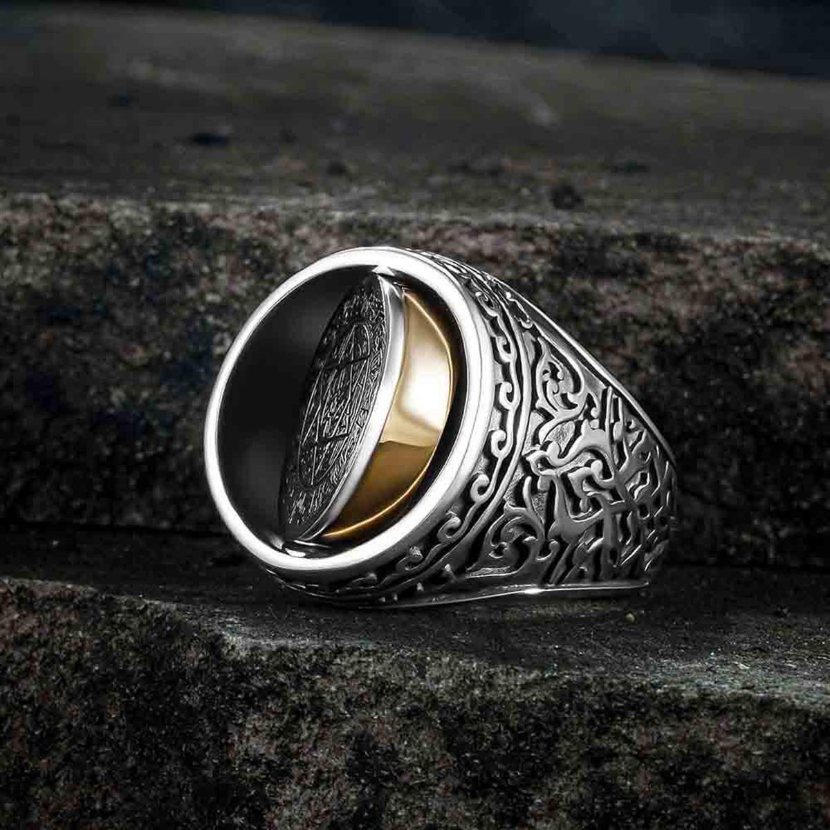 Çift Taraflı Çiçek Desen Mührü Süleyman Gümüş Yüzük