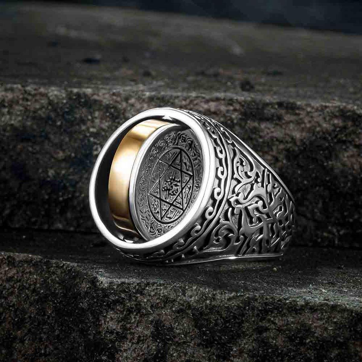 Çift Taraflı Çiçek Desen Mührü Süleyman Gümüş Yüzük