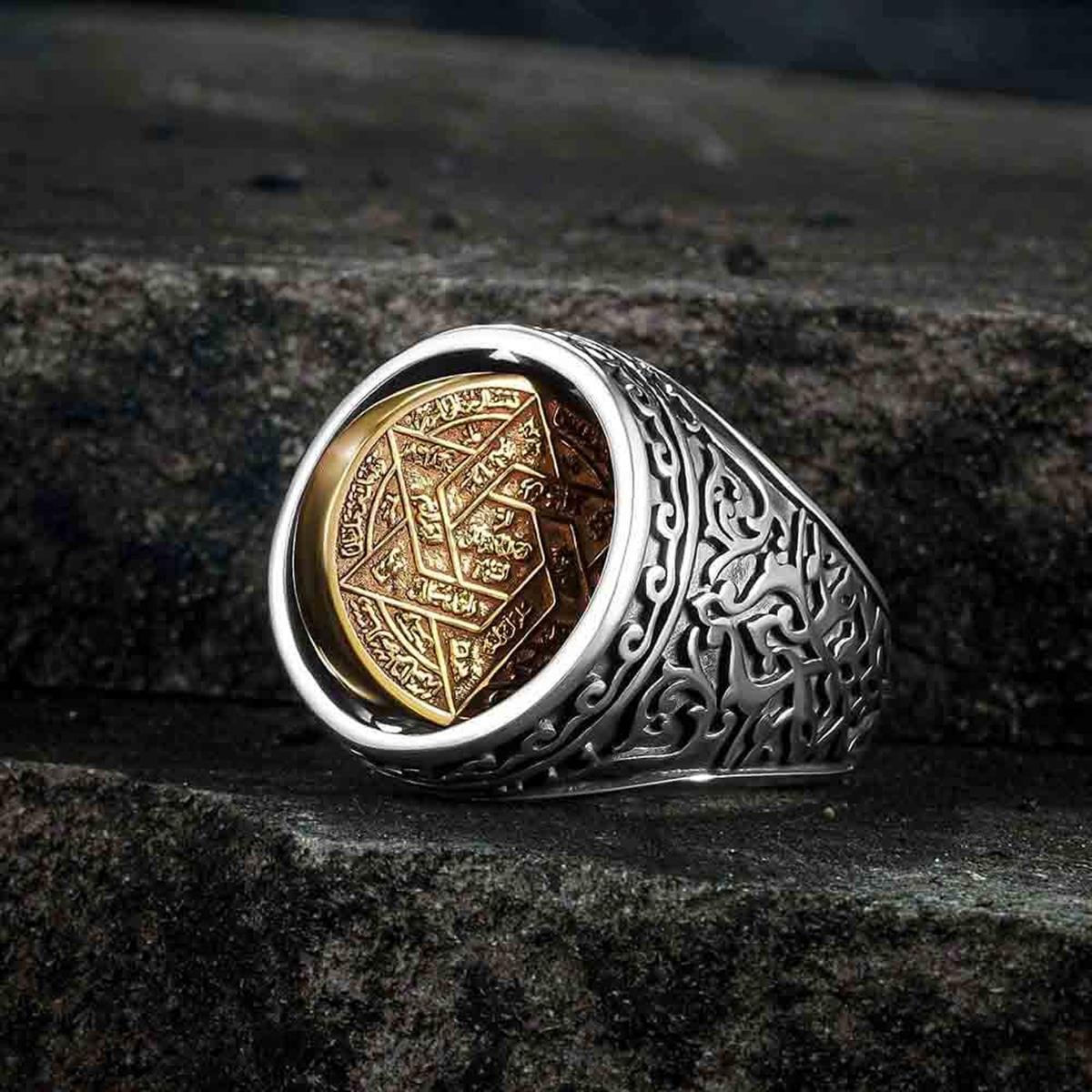 Çift Taraflı Çiçek Desen Mührü Süleyman Gümüş Yüzük