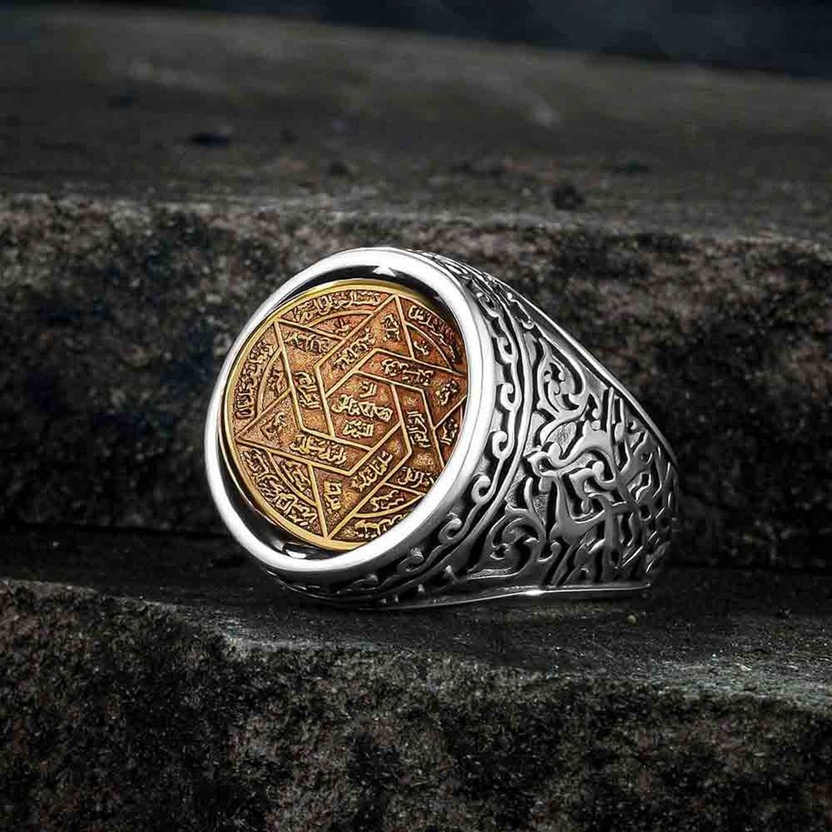 Çift Taraflı Çiçek Desen Mührü Süleyman Gümüş Yüzük