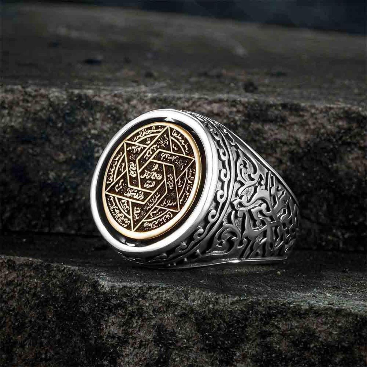 Çift Taraflı Çiçek Desen Mührü Süleyman Gümüş Yüzük