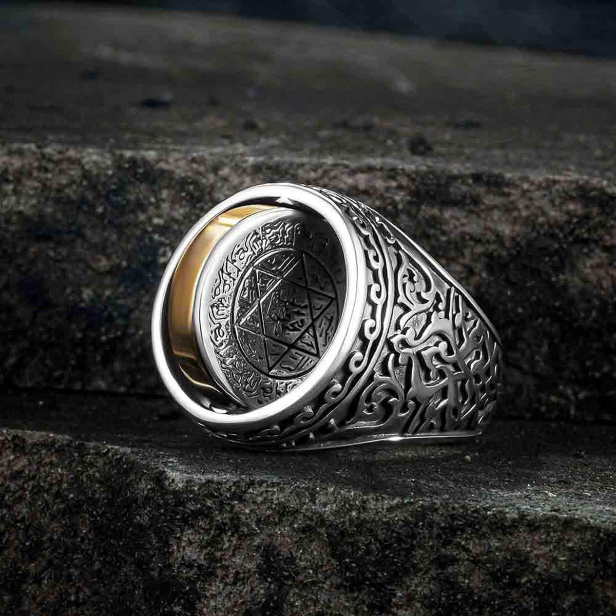 Çift Taraflı Çiçek Desen Mührü Süleyman Gümüş Yüzük