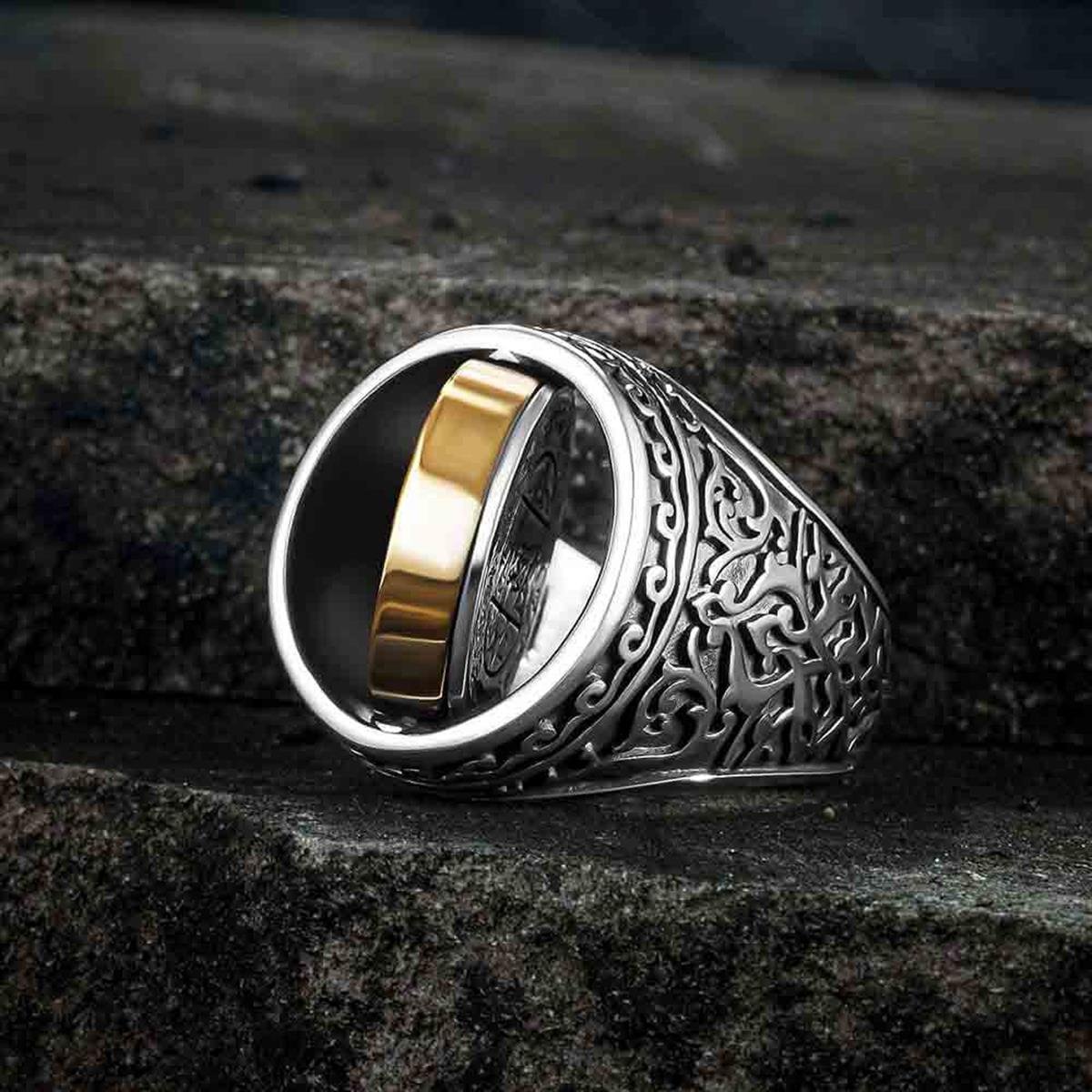 Çift Taraflı Çiçek Desen Mührü Süleyman Gümüş Yüzük