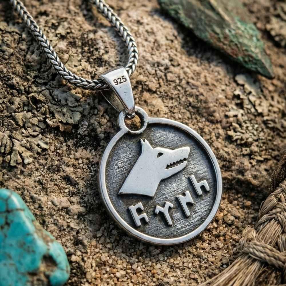 Çift Taraflı Kurt Başlı Göktürkçe Türk Yazılı Gümüş KolyeTürk Kolye