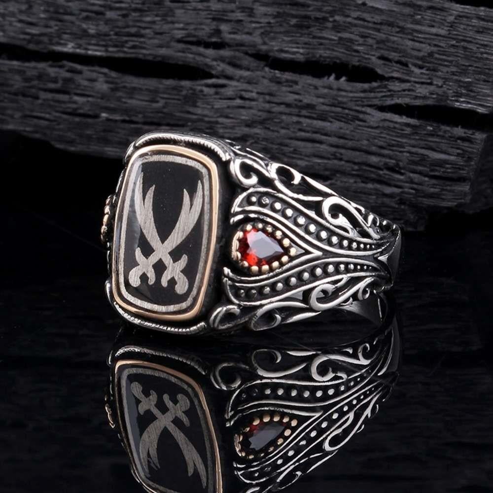 Çift Zülfikar Kılıcı Kırmızı Zirkon Gümüş YüzükZülfikar Kılıcı Yüzük