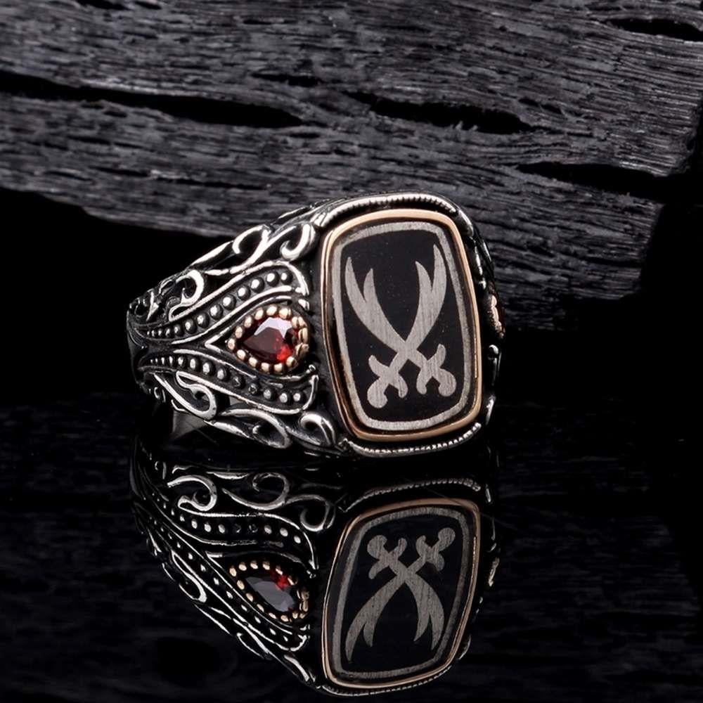 Çift Zülfikar Kılıcı Kırmızı Zirkon Gümüş YüzükZülfikar Kılıcı Yüzük