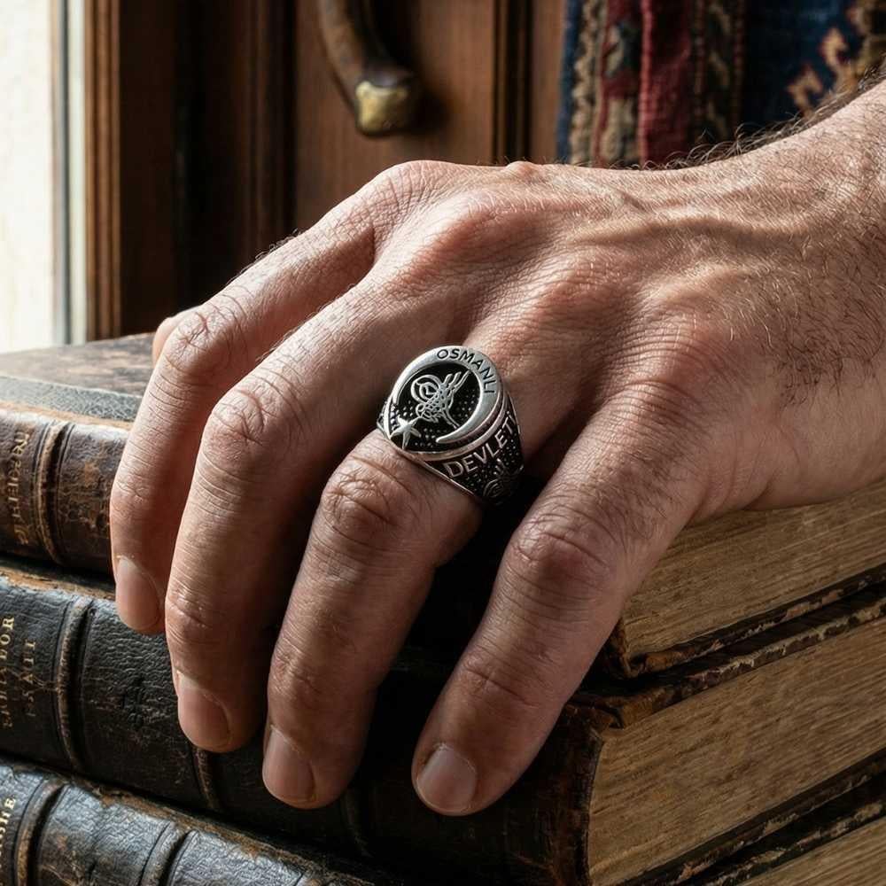 Cihan Devleti Osmanlı Tuğrası ve Ay Yıldız Gümüş YüzükTuğra Yüzük