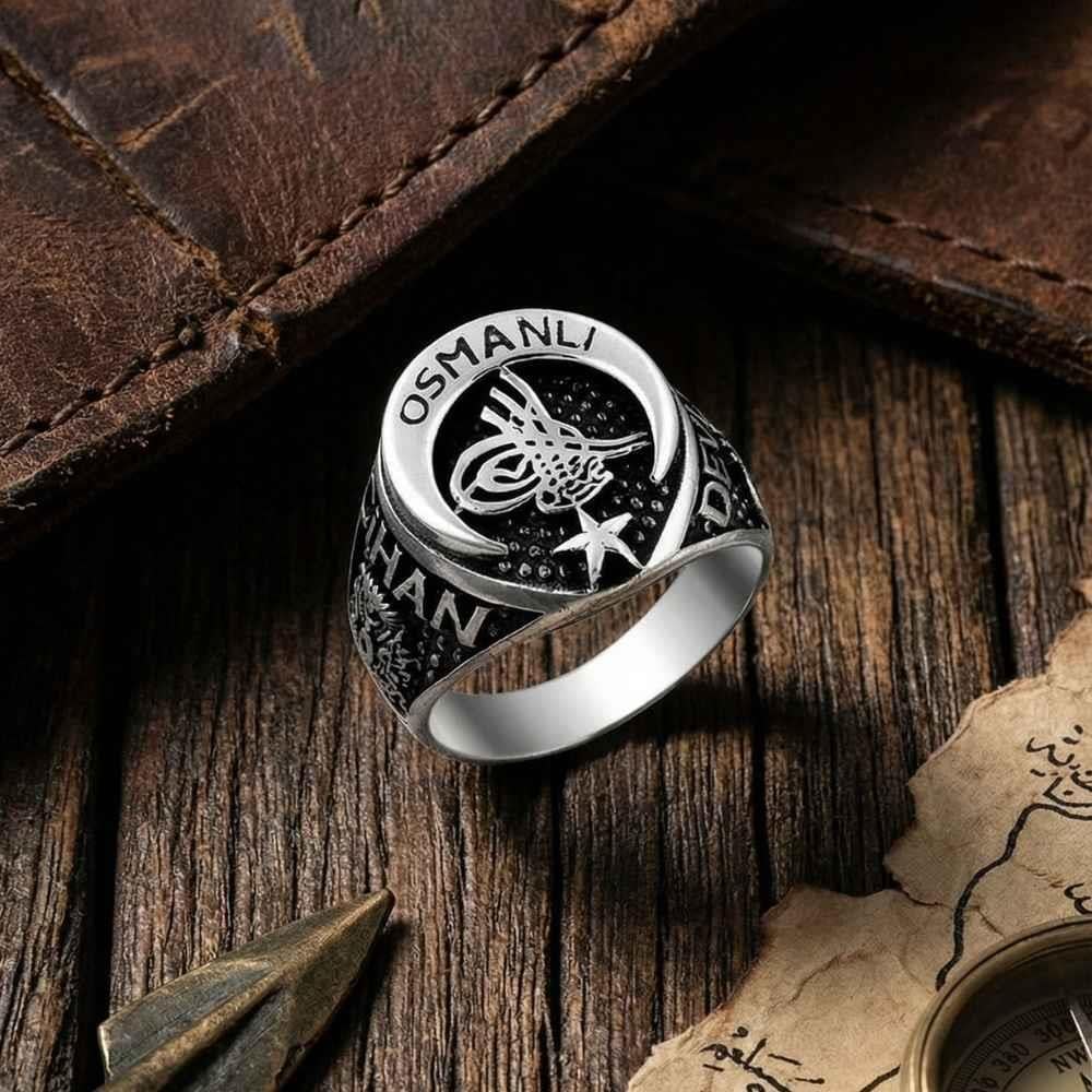 Cihan Devleti Osmanlı Tuğrası ve Ay Yıldız Gümüş YüzükTuğra Yüzük