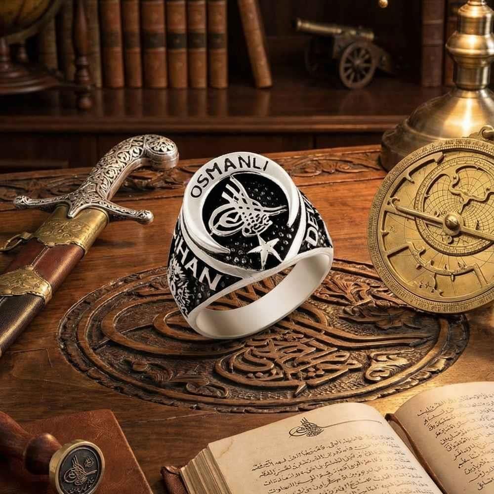 Cihan Devleti Osmanlı Tuğrası ve Ay Yıldız Gümüş YüzükTuğra Yüzük