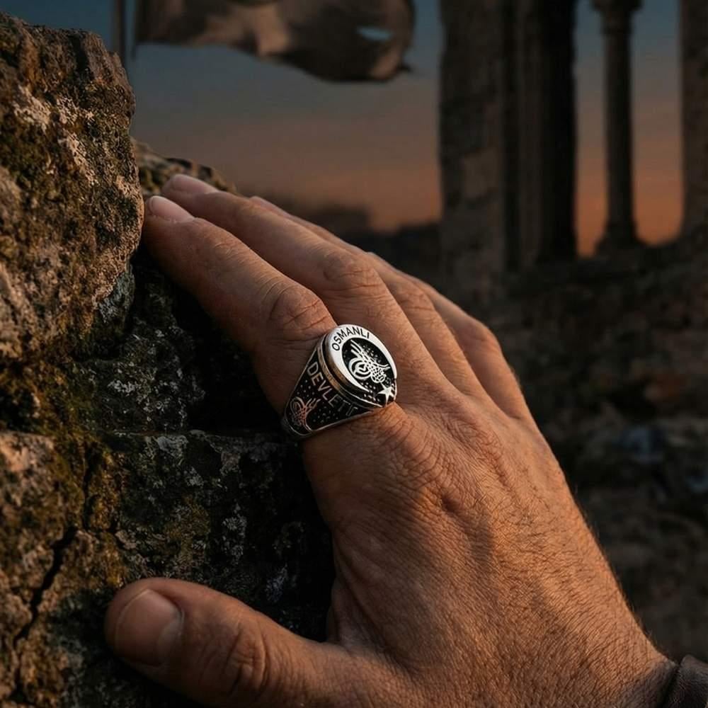 Cihan Devleti Osmanlı Tuğrası ve Ay Yıldız Gümüş YüzükTuğra Yüzük