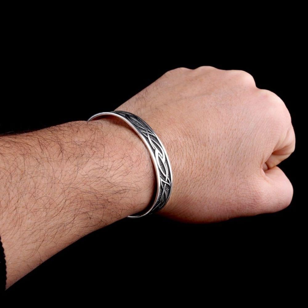 Desen İşlemeli Gümüş Kelepçe Bileklik