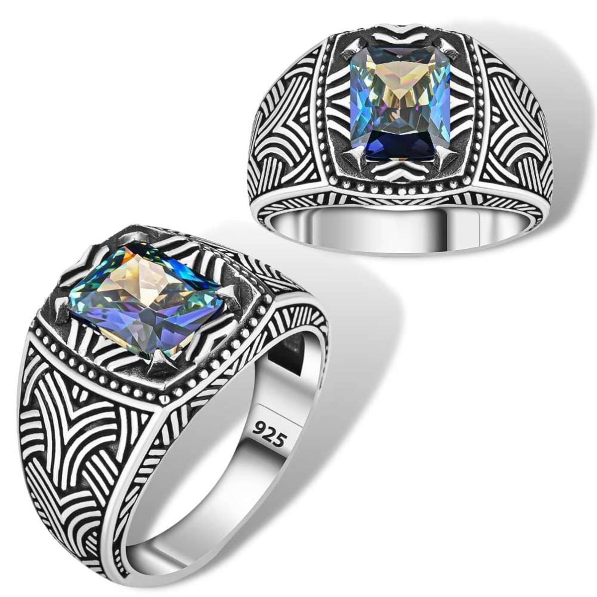 Desenli Zarif Mistik Topaz Taşlı Gümüş Yüzük