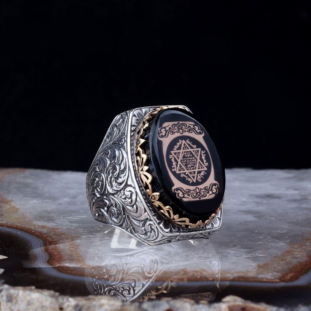 Dikdörtgen Kalem İşlemeli Mührü Süleyman Gümüş Yüzük