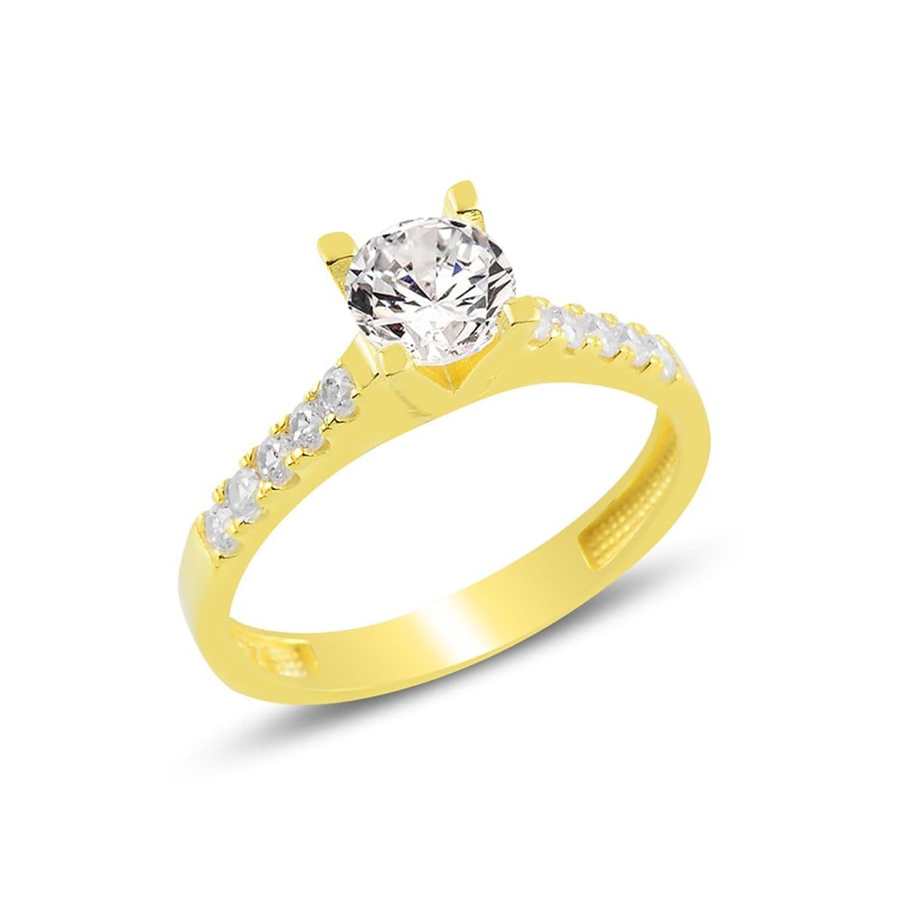 Dört Kollu Klasik Tektaş Gümüş Kadın Yüzük Gold