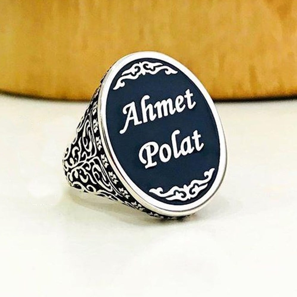 Düz İsim Yazılı Kişiye Özel Mineli Gümüş Yüzük
