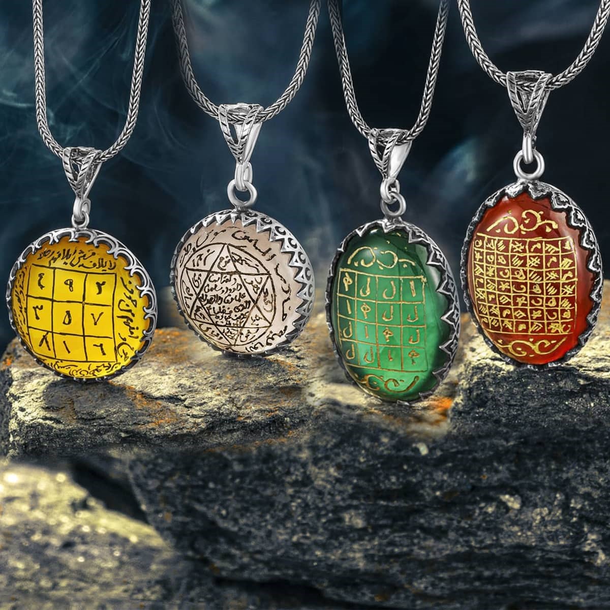 El Yazması Kazıma Vefkli Gümüş Yüzük ve Kolye Kombini