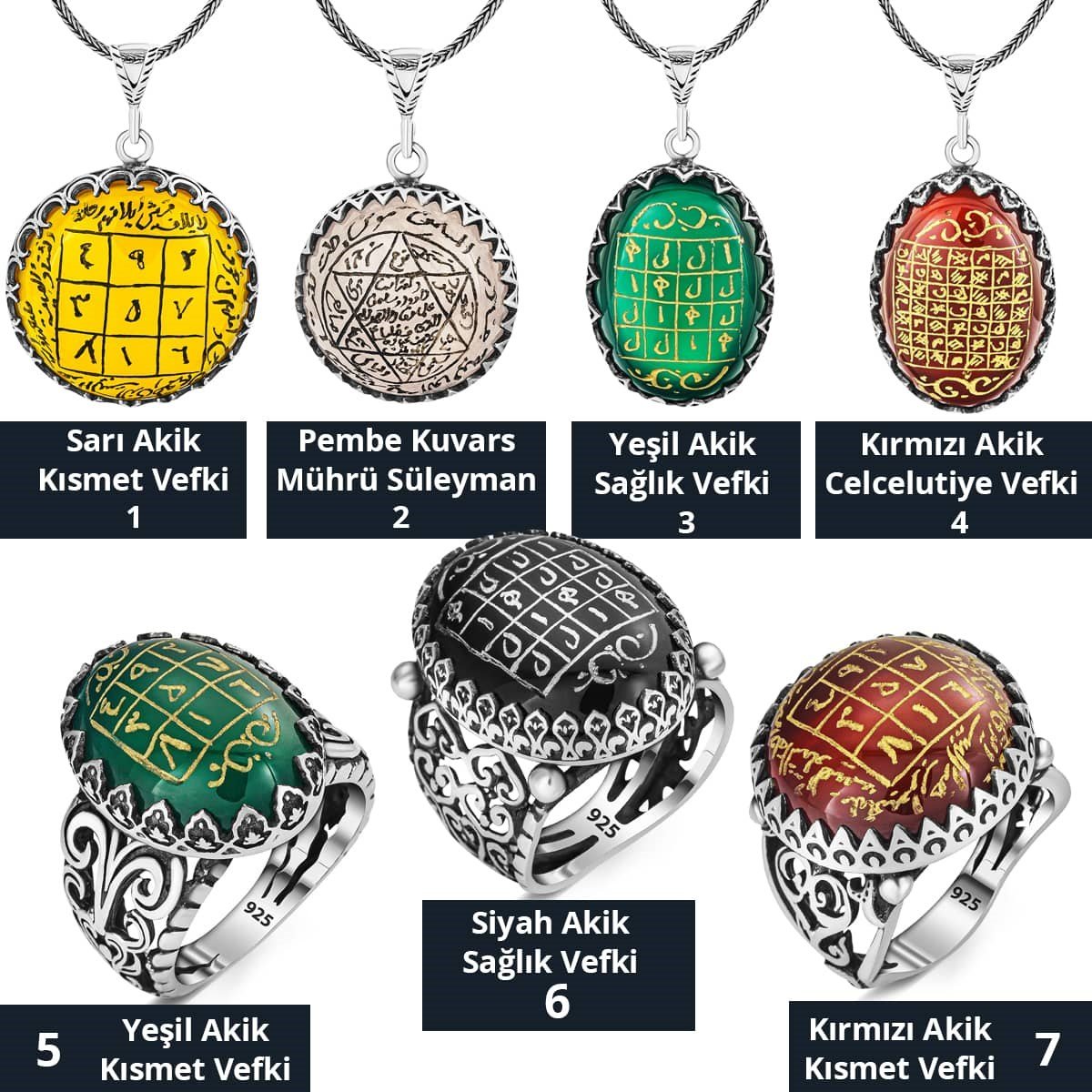 El Yazması Kazıma Vefkli Gümüş Yüzük ve Kolye Kombini