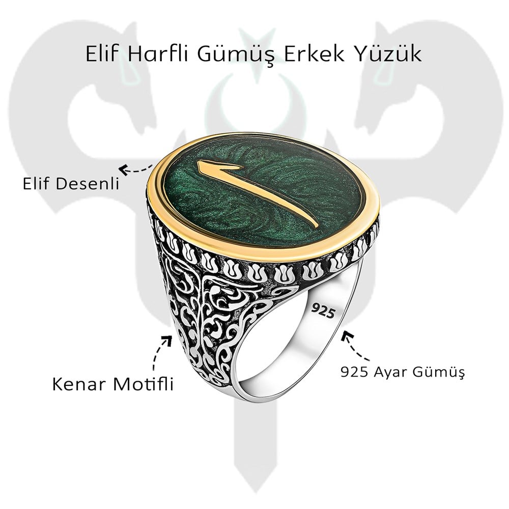 Elif Harfli Gümüş Erkek Yüzük