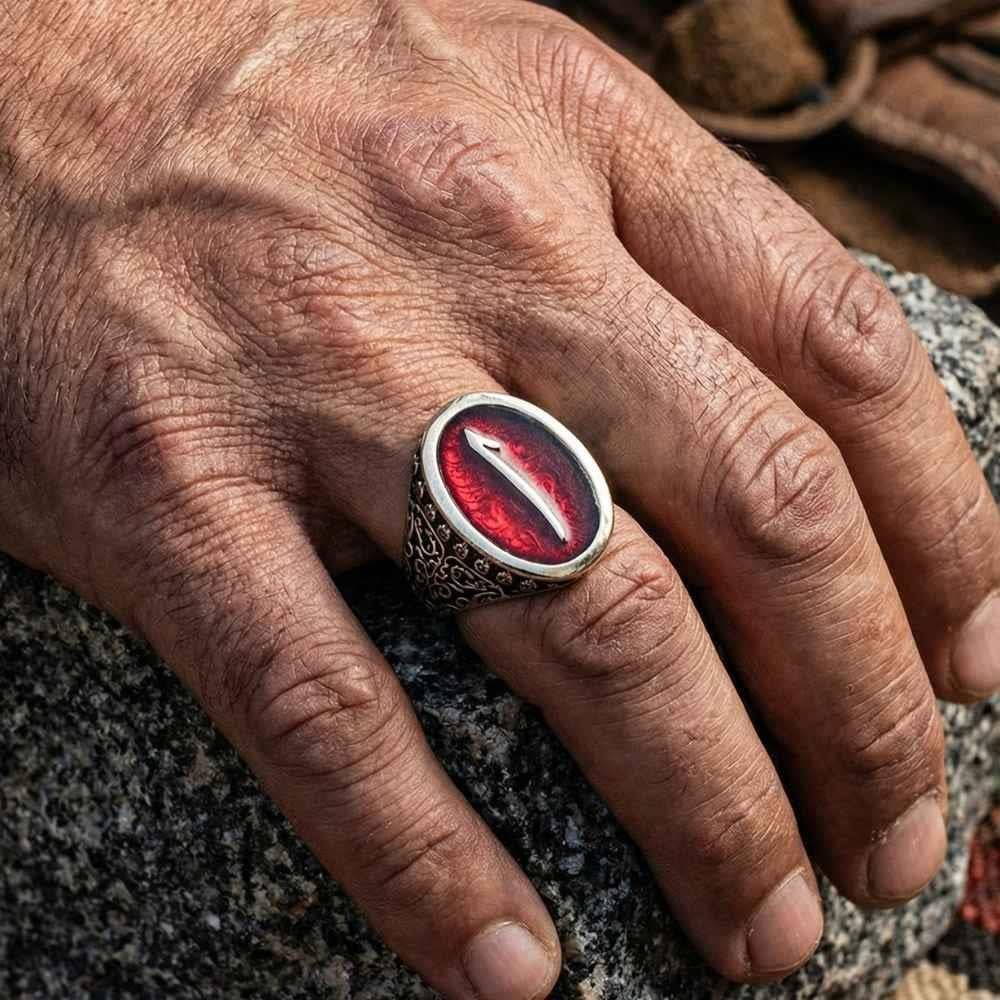 Elif Harfli Kırmızı Mineli Gümüş Erkek YüzükElif Vav Yüzük
